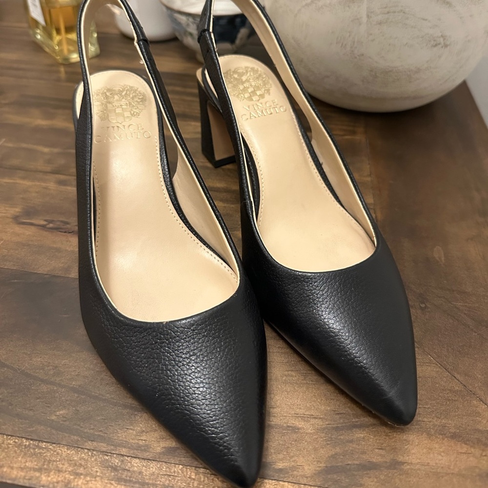 Vince Camuto Black Leather Slingback Pumps with Gold rim